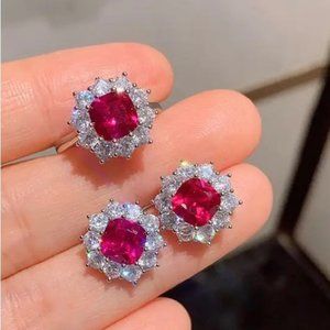 White Gold Plated Luxury Ruby Diamond Jewelry sets